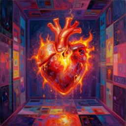 A concept of Melancholic Euphoric heartshine in the crush of oblivion, a heart burning fiercely into a new essence. The vibrancy of nouveau is gilded with hollow-wishes. Trending on ArtStation. Vivid Grimdark-Neon Geometric oil spattered Digital scene in a sci-fi hallway. A mismatched grid of fate-stitched-patchwork memories.