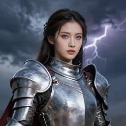 character portrait of the Warrior Queen, heavy plate armor, with gorgeous detailed eyes, thunderstorm in the sky, color page, tankoban, 4 k, tone mapping, doll, high fantasy, by akihiko yoshida, WLOP, andrei riabovitchev, marc _ simonetti, yoshitaka amano, long hair, curly, smooth, digital painting, illustration, artstation