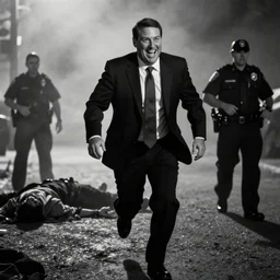 Ted Cruz with a wide grin running away from law enforcement with a dead bodies in the background, black and white, creepy lighting, foggy atmosphere, scary, horror, ornate, eerie, fear