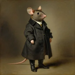 beautiful portrait of a mouse wearing long tailored coat and boots by rembrandt, oil painting