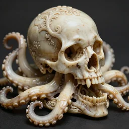 an intricately detailed carving in an human - octopus skull, rococo ornate bone and ivory sculpted skull with teeth and tentacles, horror, artifact, micro detailed, tilt shift, uhd 8 k