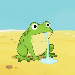 anthropomorphic frog urinating into yellow ocean