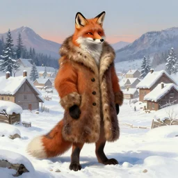 an anthropomorphic fox man wearing a long fur coat in a snowy village, character illustration by greg rutkowski, thomas kinkade, Howard Pyle, El Greco, Cynthia Sheppard, James Gurney