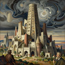 thomas hart benton style tower of babel epic bible landscape asher brown durand and eddie mendoza featured on artstation, fractal storm by peter mohrbache h 7 6 8