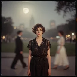 beautiful brown woman, kodak portra 4 0 0, wetplate, muted colours, mexico city park, 1 9 1 0 s style, motion blur, portrait photo of a backdrop, city lights, full moon, sparkling, fog, by georges melies and by britt marling