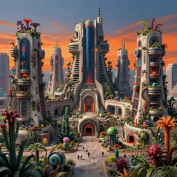 hyperrealistic hyper detailed wide shot of low brow futuristic bio colony with brutalist architecture and carnivorous plants matte painting concept art key sage jeff koons very dramatic orange and blue lighting high angle hd 8k sharp shallow depth of field