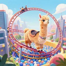 alpaca riding rollercoaster looped around sky scraper into ball pit, digital art, trending on artstation