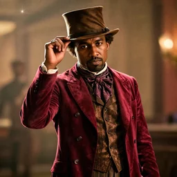 portrait kanye west as willy wonka in red dead redemption 2, splash art, movie still, cinematic lighting, ray tracing, octane render, long lens, shallow depth of field, bokeh, anamorphic lens flare, 8 k, hyper detailed, 3 5 mm film grain