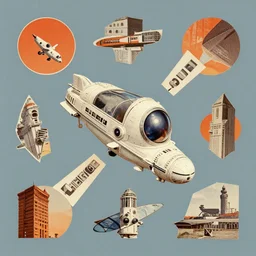 A collage of Space Travel, mid-century modern, made random shapes cut from magazines