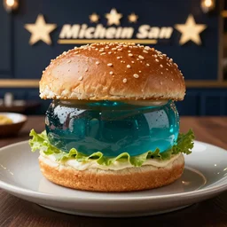 hamburger with buns made of jello, michelin star restaurant 4K photo