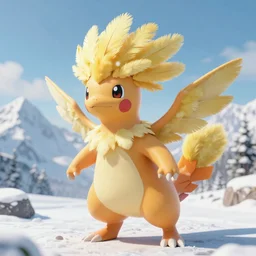 a beautiful electric type pokemon, flawless feathers bursting out of his hair, full body shot, highly detailed digital art, 3 d perspective, award - winning illustration, aesthetic, smooth, pokemon style, made by greg rutkowski, with snowy mountain landscape in the background
