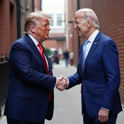 Donald Trump and Joe Biden shaking hands in an alley