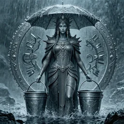 raka, god of rain and water. her symbol is a full bucket. highly detailed and intricate 8 k concept fantasy art illustration