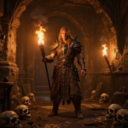 delicious torch lit prison dungeon jail cell alchemist light magic barbarian skulls scattered around atmospheric unreal engine hyperreallistic render 8k character concept art masterpiece screenshot from the video game the Elder Scrolls V: Skyrim moody orange 2700K global illumination