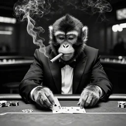 monkey in a suit smoking a cigar and playing poker in a casino, 5 0 mm, black and white photo, trending on artstation