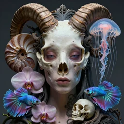 goddess princess beautiful woman face close-up portrait ram skull. jellyfish phoenix head, nautilus, orchid, skull, betta fish, bioluminiscent creatures, intricate artwork by Tooth Wu and wlop and beeple. octane render, trending on artstation, greg rutkowski very coherent symmetrical artwork. cinematic, hyper realism, high detail, octane render, 8k