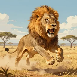 close - up digital illustration of rampaging lions pouncing mid - jump in a sunny hot savannah landscape, dusty, trending on artstation, digital art ( by brad rigney ) ( by greg rutkowski ) ( by artur treffner )