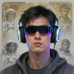 future coder man looking on, sleek cyclops display over eyes and sleek bright headphoneset, neon accent lights, holographic colors, desaturated headshot portrait digital painting by victo ngai, rhads, john berkey, tom whalen, alex grey, alphonse mucha, donoto giancola, astronaut cyberpunk electric