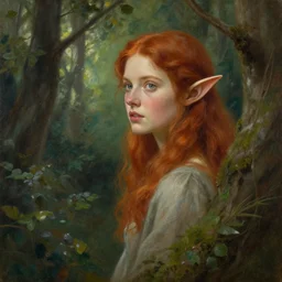 a young woman elf with red hair looks out through the forest. beautiful painting by michael whelan