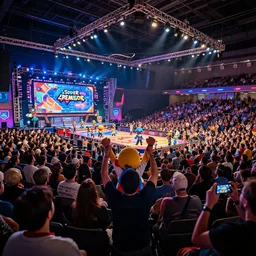 Wide angle photo of a video game tournament with thousands of attendees, truss lighting, epic moment with celebrating player, Super Smash Brothers Ultimate, ultra high resolution, photo realistic, depth of field, award winning, cinematic, color graded