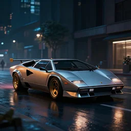 a beautiful render of a cyberpunk lamborghini countach in a street at night, wallpaper, trending on art station hq, 8 k, unreal engine, raytraced shadows, raytraced lighting, raytraced reflections, raytracing, rtx,