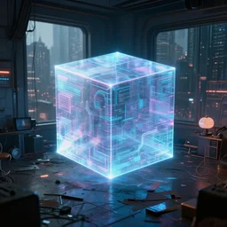 a simulated hologram of a cubic entity illuminating a messy futuristic cyberpunk apartment with windows overlooking a dystopian metropolis, cyberpunk concept art