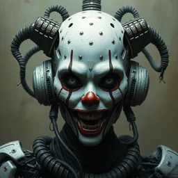 portrait of a killer robot with the face of a female clown by hr giger, greg rutkowski, luis royo and wayne barlowe, 8 k