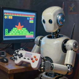an elaborate robot holding a retro game controller in its hand, on screen retro game shown in background, intricate details, hyperrealistic oil painting on canvas, deep depth field, hd, hdr, 4 k, 8 k,