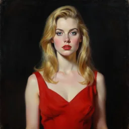 hyperrealism mixed with classicism, oil painting, close - up portrait of blonde women in red dress standing, complete darkness, in style of classicism mixed with 8 0 s sci - fi hyperrealism