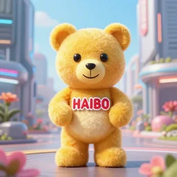 portrait of haribo bear in future city, color and shape focus, central composition, natural light, bloom, puff, by