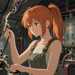 dieselpunk airship engineer working in a boiler room, ginger ponytail, tank top and overalls, kyoto animation still, finely illustrated face, intricately detailed features, digital painting, makoto shinkai, painted by ilya kuvshinov and katsura masakazu and sui ishida and satoshi kon