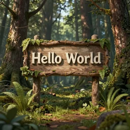 'Hello World' sign in a fairy forest, by Beeple, RHADS, and Greg Rutkowski, trending on artstation, unreal engine, 4k, high quality render, digital art