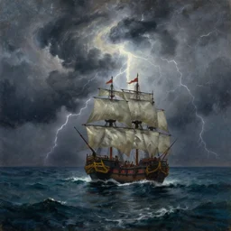 a painting of a thunderstorm in the sea, a pirate boat in the middle, dramatic, oil painting