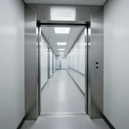 curved still of an endless office hallway into an elevator, liminal feeling, uncanny
