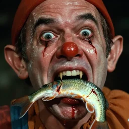 clown gnome swallowing a live fish, wet glistening sweaty face, bulging eyes, open mouth and pointy teeth, bloody, practical effects, 1 9 7 0 s body horror film, directed by cronenberg