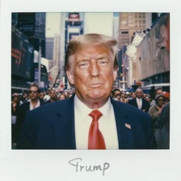 close up portrait of donald trump standing close to camera, destroyed times square, butchery behind him, cinematic focus, polaroid photo, vintage, neutral dull colors, soft lights, dramatic, by oleg oprisco, by thomas peschak, by discovery channel, by victor enrich, by gregory crewdson