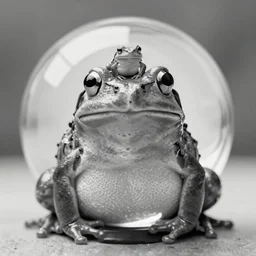 A big frog that looks straight at the camera. The frog's mouth is open and a small frog sits inside the mouth. The frog sits on top of a backlit glass sphere. Central composition. Monochrome, high contrast, 24mm tilt-shift. Award-winning photo.