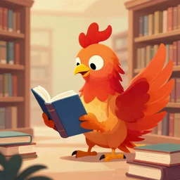 a phoenix reading a book in a library cartoon artwork