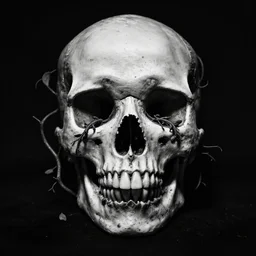 A skull, with vines coming out of the eye sockets. Centered, Dark Fantasy, Film Noir, Black and White. High Contrast, Mike Mignola, D&D, OSR