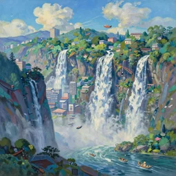 a japanese city in the mountain surrounded by waterfall. cyberpunk, boats flying. beautiful blue sky. gorgeous epic nature, lofi, vivid colors, amazing light, by jeremy lipkin, by claude monet, heavily inspired by makoto shinkai, inspired by ghibli, masterpiece, multiple brush strokes, impressionist style