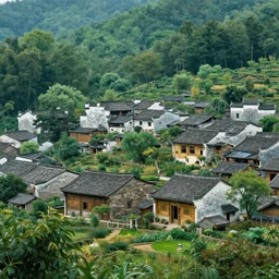 beautiful chinese village in forest, van gogh