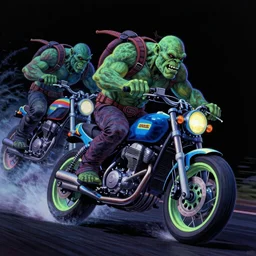 psychedelic blacklight airbrush artwork, motorcycles, hyper stylized action shot of orc bikers racing on motorcycles, menacing orcs, drifting, skidding, wheelie, clear focused details, soft airbrushed artwork, black background, cgsociety, artstation