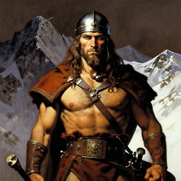 portrait of barbarian on mountain, coherent! by mariusz lewandowski, by frank frazetta, deep color, strong line, high contrast