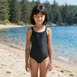 a young tanned petite girl with short black hair, in a stylish black swimsuit, on the sandy beach of a blue lake in a pine forest, hyperrealism, no blur, 4 k resolution, ultra detailed, style of tyler edlin, tom bagshaw, arthur rackham, ivan shishkin