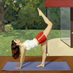 a pin up girl doing yoga by norman rockwell and edward hopper