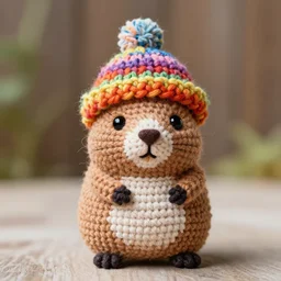 amigurumi of a mole rat with colorful knitted cap