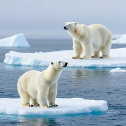 A white polar bear stuck on a small iceberg in the sea looking at polar bear mom which is on another iceberg in the background, realistic digital art