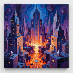 Hyperdetailed render of A beautiful painting of Fractal abstract painting of psychedelic cyberpunk city in blue-purple-orange color scheme in I can't believe how detailed this is. by greg rutkowski, Trending on artstation Taro card, cubism brutalism architecture, Lava Canyons, magma burst, little crystals everywhere