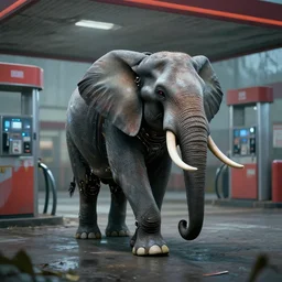 a robotic elephant walking through an abandoned gas station in the style of ian hubert, cyberpunk, science fiction, mystical, 8 k, high definition, realism, octane render, cinematic lighting