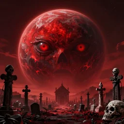 new planet, red, red sky, depth, creepy, monsters, eyes, graveyard, death, dead, red eyes, 8k, hyperrealistic, depth, vray, high resoulution, deathly